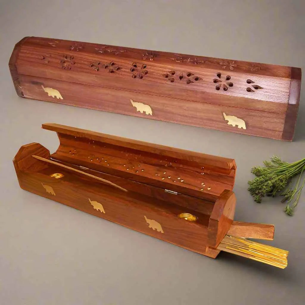 Sacred Wood Serenity – 12" Hand-Carved Incense Holder
